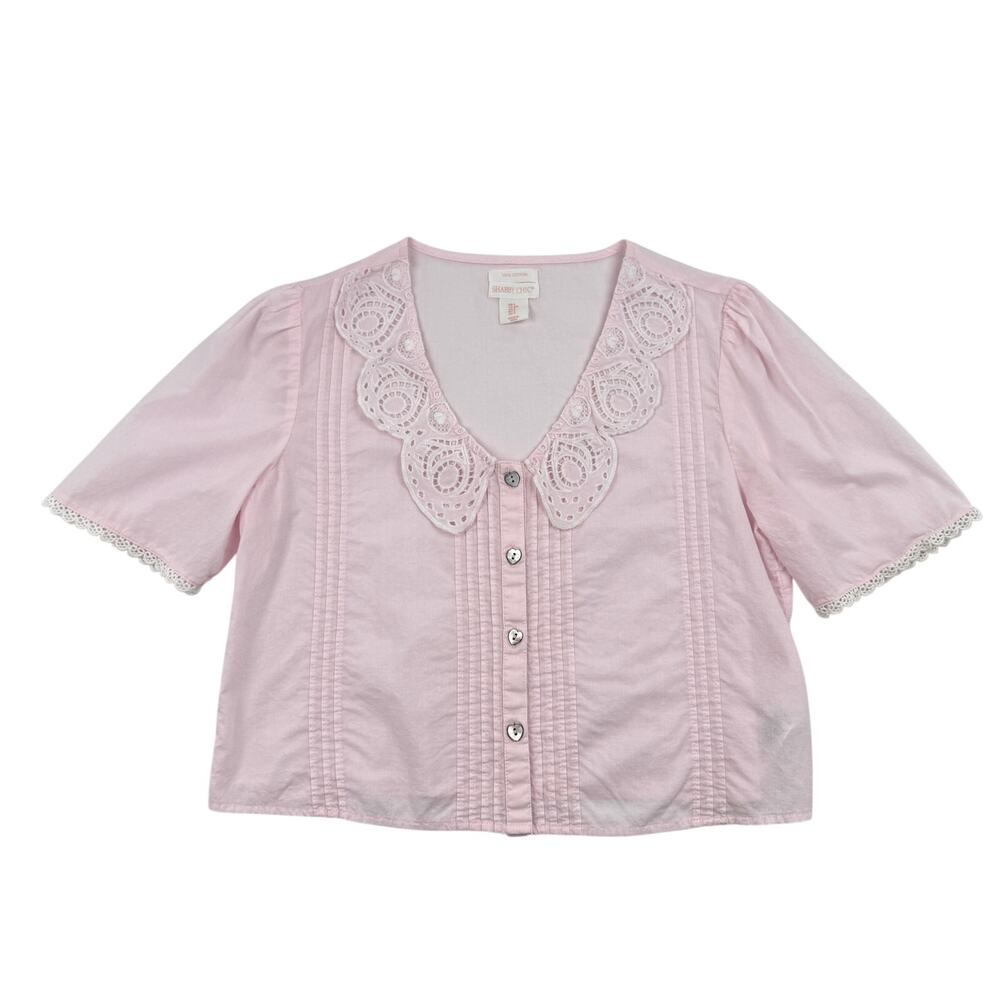 Shabby Chic Soft Pink Cotton Eyelet Lace Collar Blouse S Cottagecore Romantic